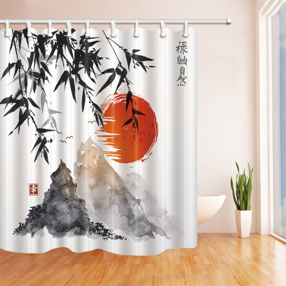 Bamboo Trees Sun and Mountains Bath Curtain, Polyester Fabric Waterproof Shower Curtains, Shower Curtain Hooks Included