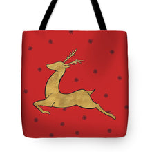 Load image into Gallery viewer, Golden Reindeer On Red Tote Bag

